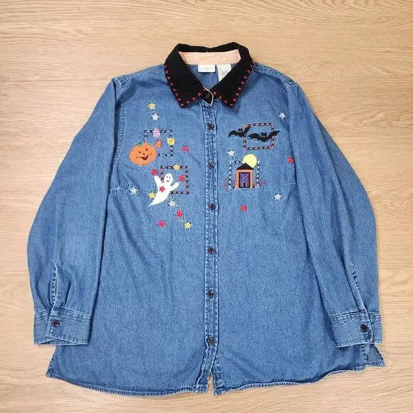 White Stag Denim Shirt Embroidered Fall Pumpkin Corduroy Collar 16W Plus Jean - Picture 2 of 11